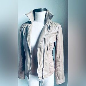 Lucky Brand leather and linen zip up collared jacket, tan/grey, XS